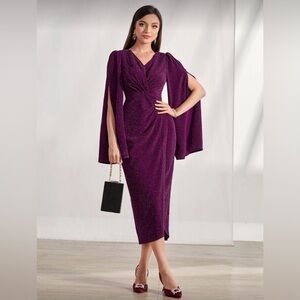 Shein Plum Glitter Cape Sleeve Midi Dress XL US 12
